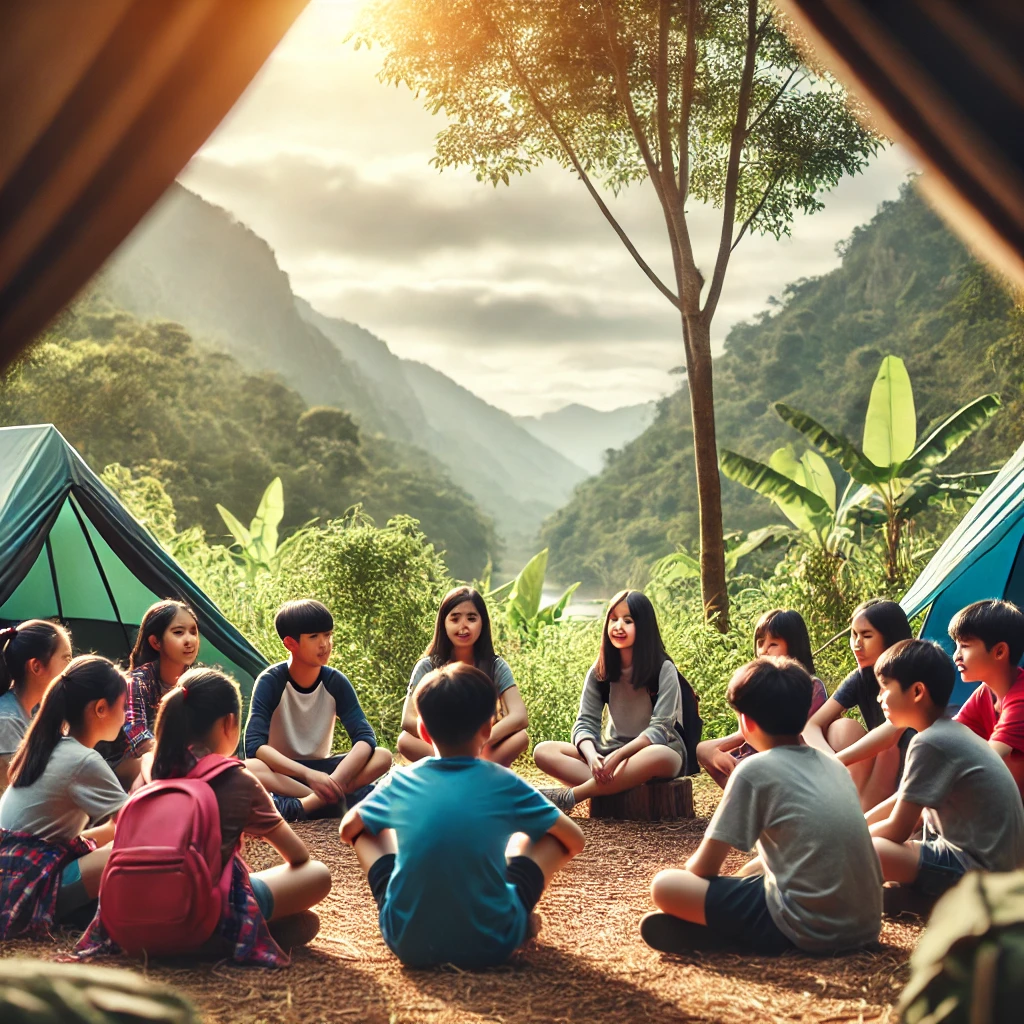 AI generated image of campers sitting in a circle outdoors.