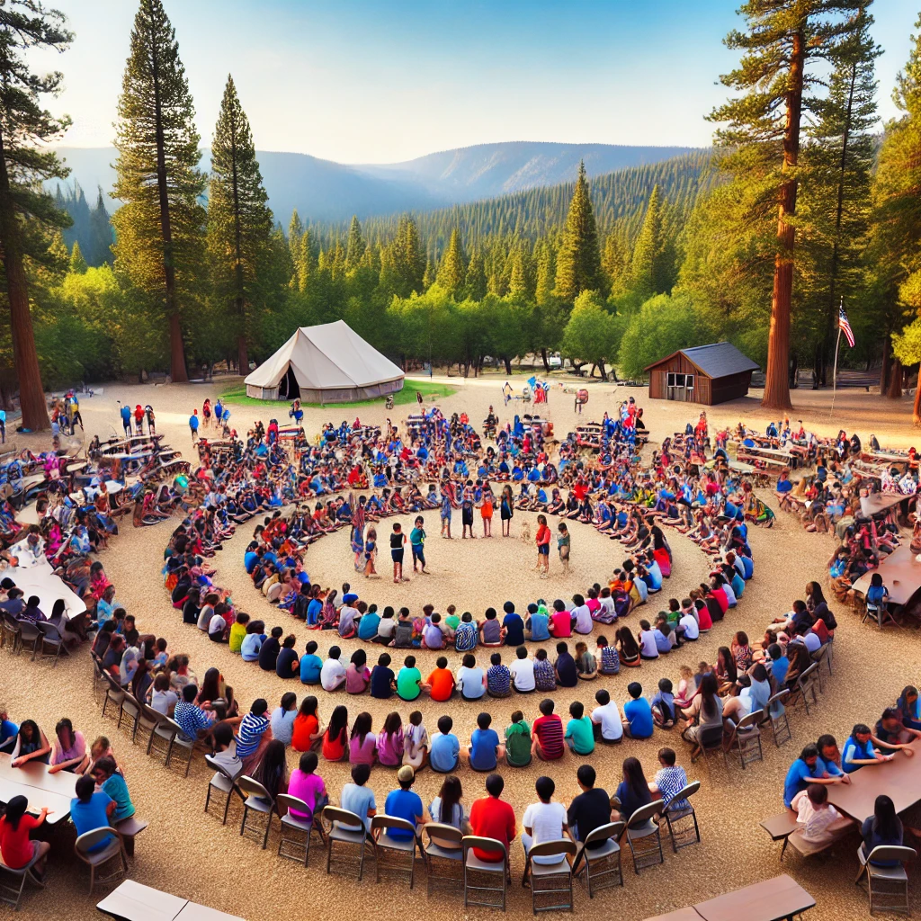 AI generated image of a large group of people gathered in a circle in an outdoor camp setting